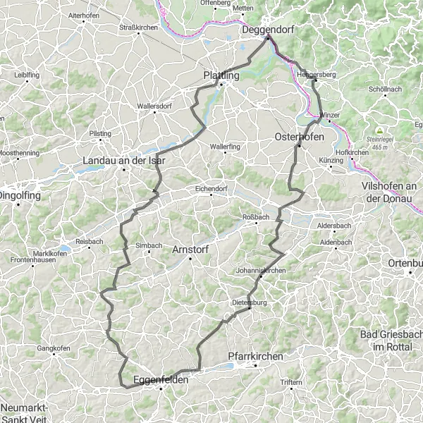 Map miniature of "Osterhofen and Hengersberg Road Loop" cycling inspiration in Niederbayern, Germany. Generated by Tarmacs.app cycling route planner