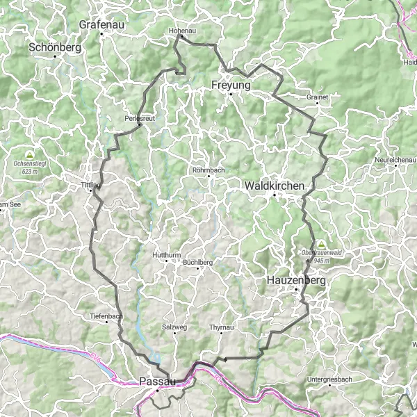 Map miniature of "Hohenau to Lindberg" cycling inspiration in Niederbayern, Germany. Generated by Tarmacs.app cycling route planner