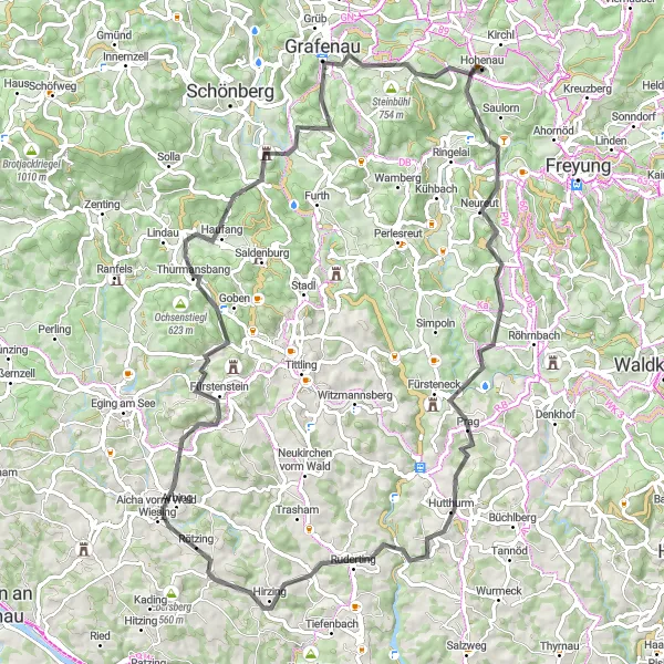 Karten-Miniaturansicht der Radinspiration "Road Bike Tour um Hohenau" in Niederbayern, Germany. Erstellt vom Tarmacs.app-Routenplaner für Radtouren