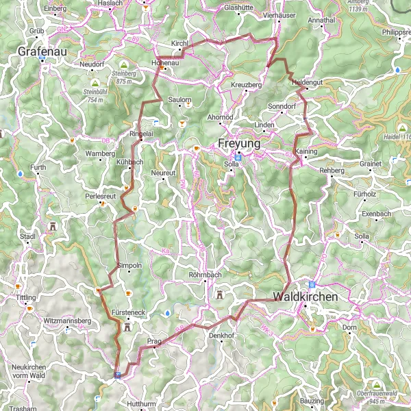 Karten-Miniaturansicht der Radinspiration "Gravelabenteuer um Fürsteneck" in Niederbayern, Germany. Erstellt vom Tarmacs.app-Routenplaner für Radtouren