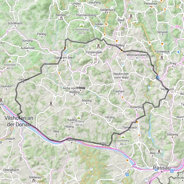 Karten-Miniaturansicht der Radinspiration "Donautal-Runde von Hutthurm" in Niederbayern, Germany. Erstellt vom Tarmacs.app-Routenplaner für Radtouren
