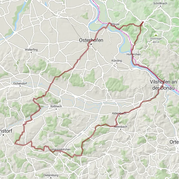 Map miniature of "The Scenic Gravel Tour: Neßlbach and Vilshofen Loop" cycling inspiration in Niederbayern, Germany. Generated by Tarmacs.app cycling route planner