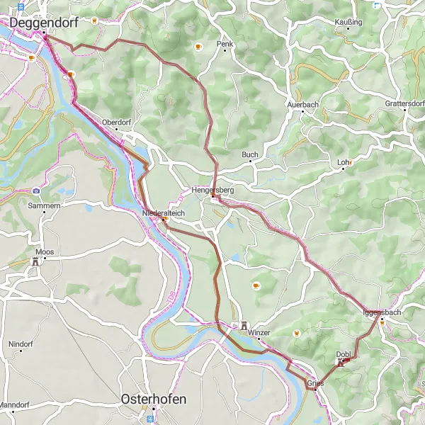Map miniature of "The Rural Gravel Exploration: Burgruine Dobl and Schwarzach Circuit" cycling inspiration in Niederbayern, Germany. Generated by Tarmacs.app cycling route planner