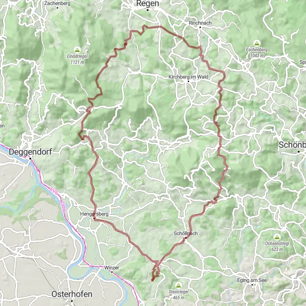 Map miniature of "The Gravel Adventure: Iggensbach and Schwarzach Loop" cycling inspiration in Niederbayern, Germany. Generated by Tarmacs.app cycling route planner