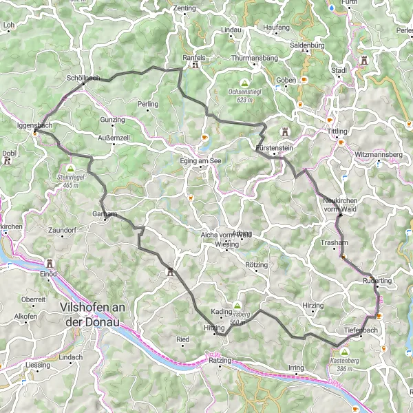 Map miniature of "Rolling Hills Exploration" cycling inspiration in Niederbayern, Germany. Generated by Tarmacs.app cycling route planner