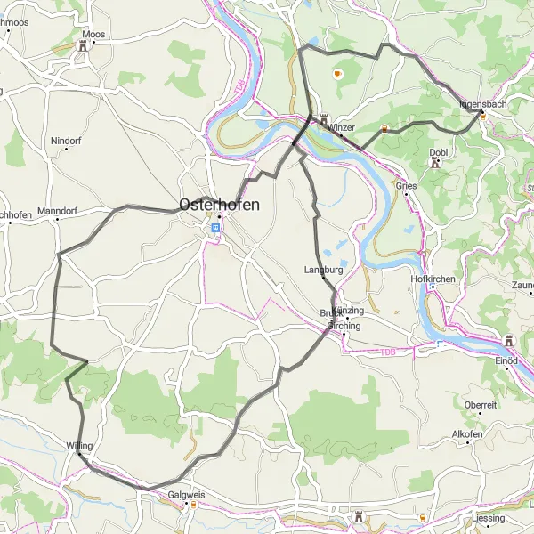 Map miniature of "The Road Adventure: Rechenberg and Willing Circuit" cycling inspiration in Niederbayern, Germany. Generated by Tarmacs.app cycling route planner