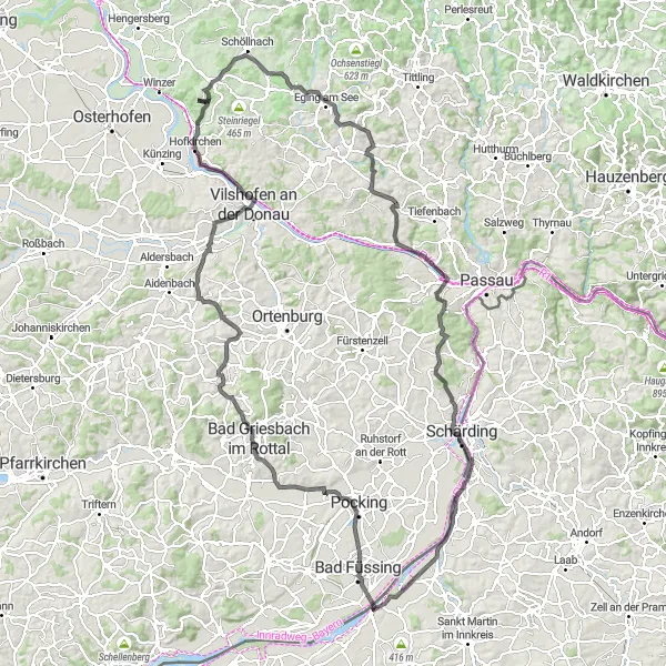 Map miniature of "The Great Bavarian Circle" cycling inspiration in Niederbayern, Germany. Generated by Tarmacs.app cycling route planner