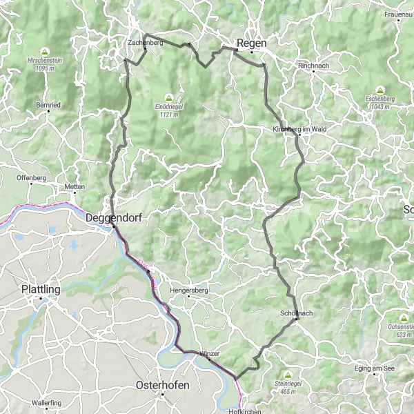 Map miniature of "The Challenging Road Tour: Iggstetten and Datting Loop" cycling inspiration in Niederbayern, Germany. Generated by Tarmacs.app cycling route planner
