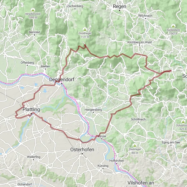 Map miniature of "Innernzell - Schöfweg - Büchelstein - Kreuzhügel - Winzer - Plattling - Deggendorf - Geißberg - Rohrmünz - Hausstein - Aibenberg - Hangenleithen Cycling Route" cycling inspiration in Niederbayern, Germany. Generated by Tarmacs.app cycling route planner