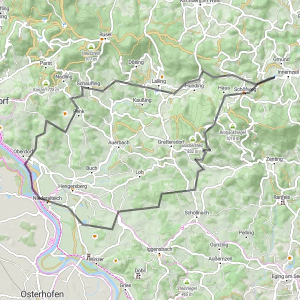 Map miniature of "The Scenic Tour" cycling inspiration in Niederbayern, Germany. Generated by Tarmacs.app cycling route planner