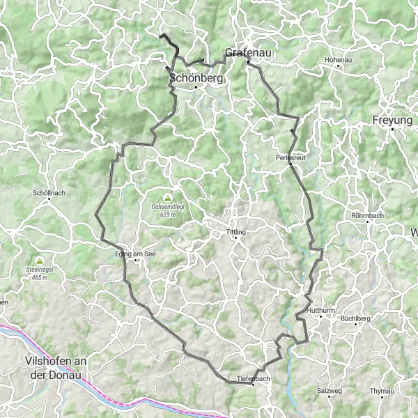 Map miniature of "Innernzell - Grafenau - Bärta - Lindberg - Perlesreut - Fürsteneck - Aicha vorm Wald - Priefinger Berg - Zenting Cycling Route" cycling inspiration in Niederbayern, Germany. Generated by Tarmacs.app cycling route planner