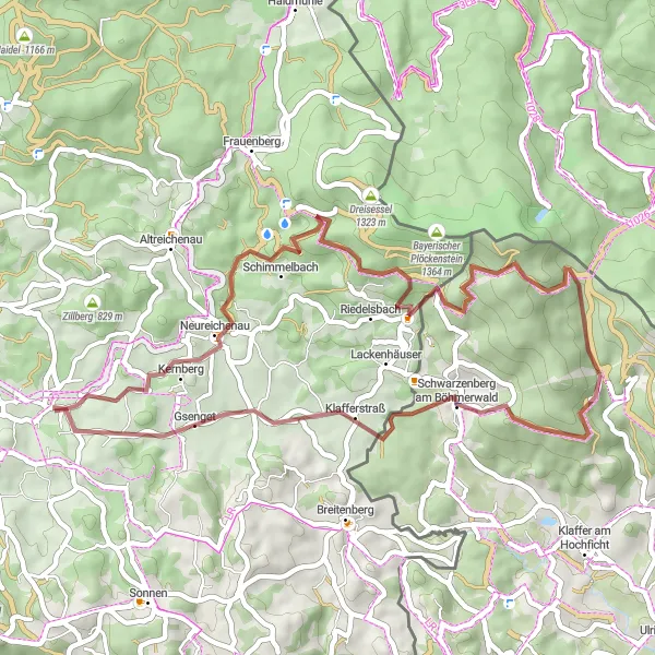 Map miniature of "The Gravel Adventure: Braunberg Loop" cycling inspiration in Niederbayern, Germany. Generated by Tarmacs.app cycling route planner