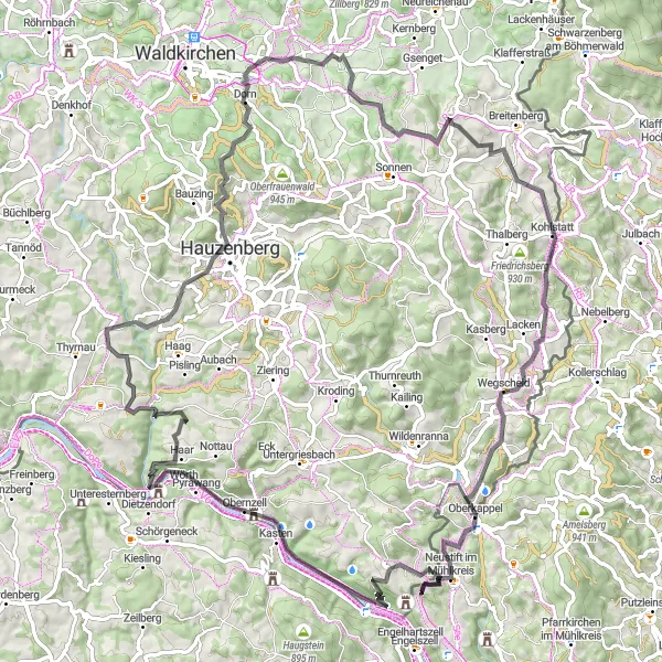 Map miniature of "The Great Ascent of Jandelsbrunn" cycling inspiration in Niederbayern, Germany. Generated by Tarmacs.app cycling route planner