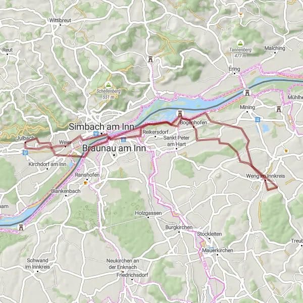 Map miniature of "The Julbach Gravel Adventure" cycling inspiration in Niederbayern, Germany. Generated by Tarmacs.app cycling route planner