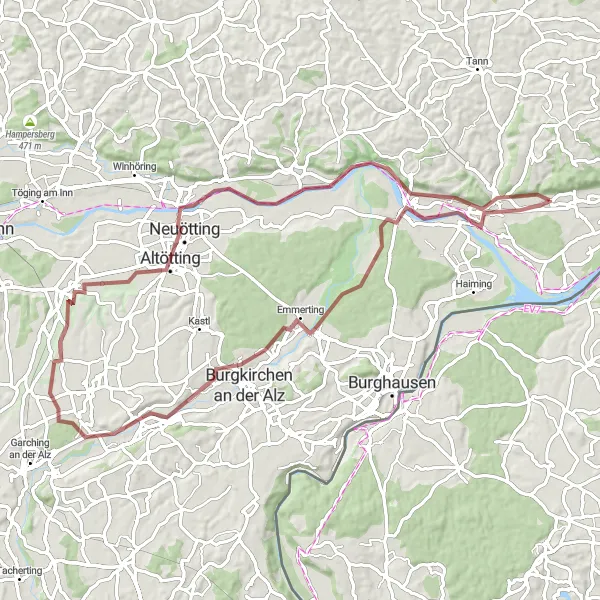 Map miniature of "Marktl to Oberjulbach Gravel Tour" cycling inspiration in Niederbayern, Germany. Generated by Tarmacs.app cycling route planner
