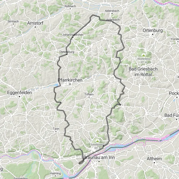 Map miniature of "Road Tour with Kößlarn and Simbach am Inn" cycling inspiration in Niederbayern, Germany. Generated by Tarmacs.app cycling route planner