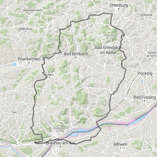 Karten-Miniaturansicht der Radinspiration "Panoramatische Rundtour durch Niederbayern" in Niederbayern, Germany. Erstellt vom Tarmacs.app-Routenplaner für Radtouren