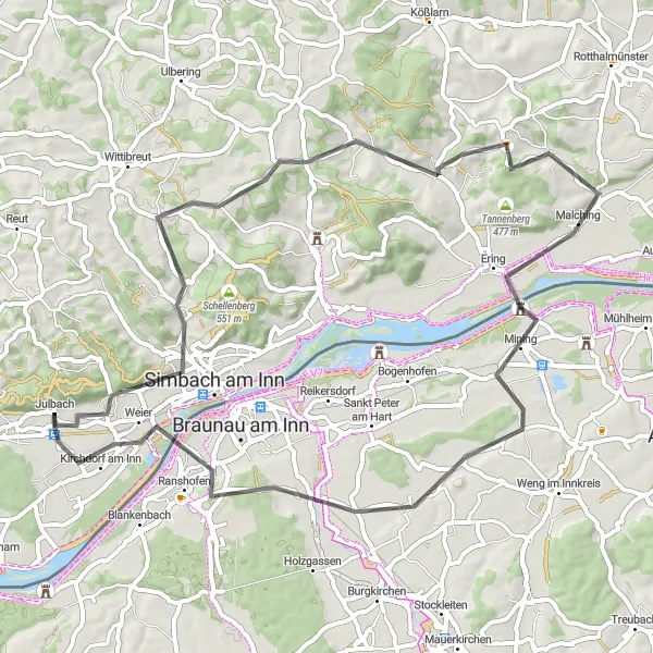Karten-Miniaturansicht der Radinspiration "Mooseck und Aching entdecken" in Niederbayern, Germany. Erstellt vom Tarmacs.app-Routenplaner für Radtouren