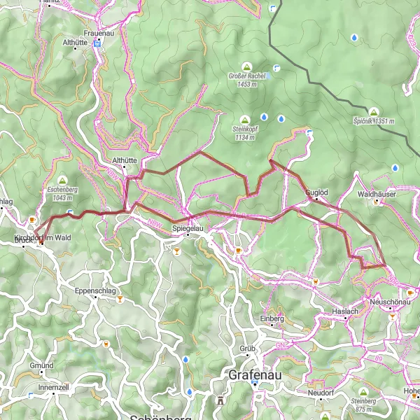 Map miniature of "Gravel Adventure through Kirchdorf im Wald" cycling inspiration in Niederbayern, Germany. Generated by Tarmacs.app cycling route planner