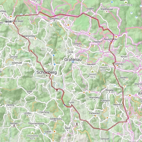 Map miniature of "The Ultimate Gravel Challenge near Kirchdorf im Wald" cycling inspiration in Niederbayern, Germany. Generated by Tarmacs.app cycling route planner