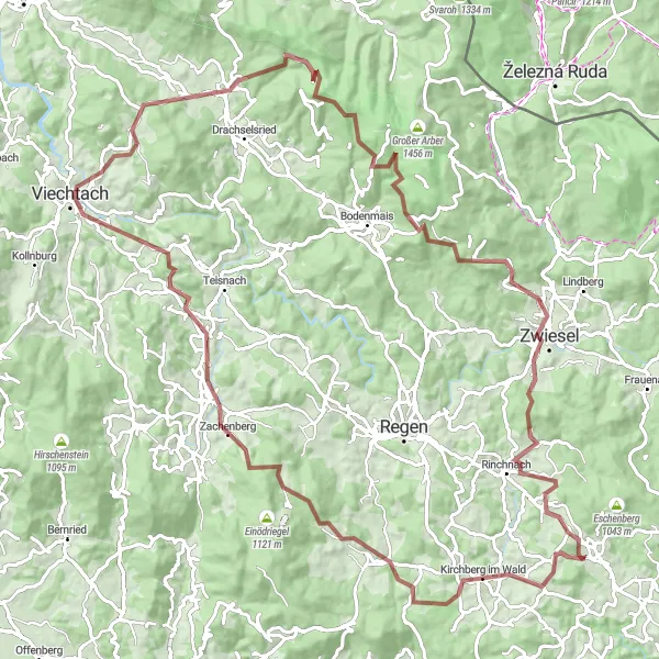 Map miniature of "The Ultimate Gravel Challenge: Kirchberg im Wald to Rinchnach" cycling inspiration in Niederbayern, Germany. Generated by Tarmacs.app cycling route planner