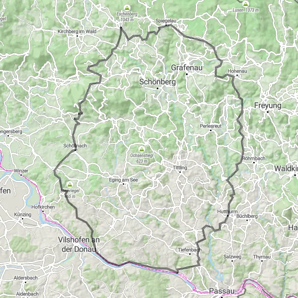 Map miniature of "Challenging Bavarian Circuit" cycling inspiration in Niederbayern, Germany. Generated by Tarmacs.app cycling route planner