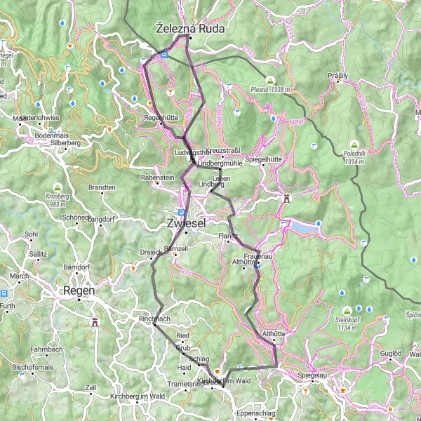 Map miniature of "Kirchdorf im Wald and the Breathtaking Scenic Roads" cycling inspiration in Niederbayern, Germany. Generated by Tarmacs.app cycling route planner