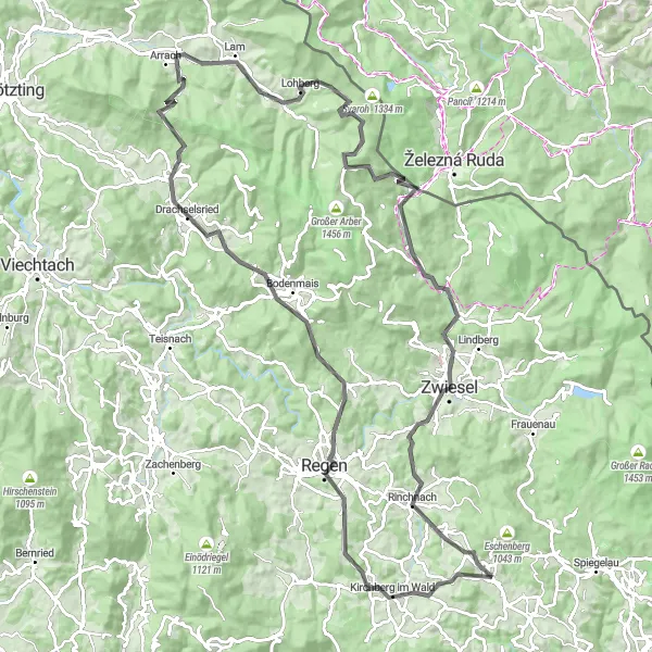 Karten-Miniaturansicht der Radinspiration "Rundweg durch den Bayerischen Wald" in Niederbayern, Germany. Erstellt vom Tarmacs.app-Routenplaner für Radtouren