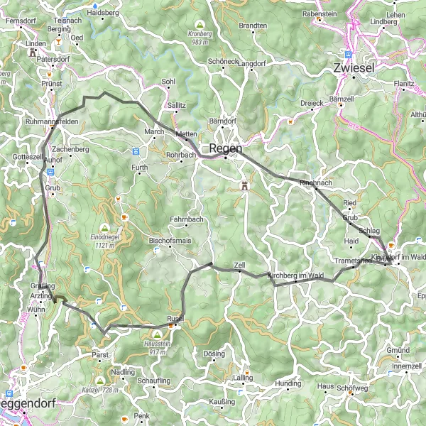 Map miniature of "The Rolling Hills of Kirchdorf im Wald" cycling inspiration in Niederbayern, Germany. Generated by Tarmacs.app cycling route planner
