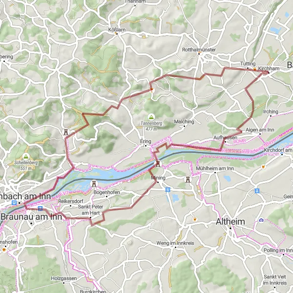 Karten-Miniaturansicht der Radinspiration "Gravel-Runde Ering - Kirchham" in Niederbayern, Germany. Erstellt vom Tarmacs.app-Routenplaner für Radtouren