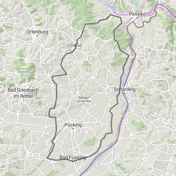 Map miniature of "Inn Valley Ride" cycling inspiration in Niederbayern, Germany. Generated by Tarmacs.app cycling route planner