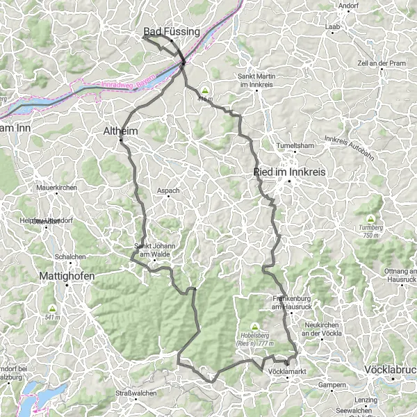 Karten-Miniaturansicht der Radinspiration "Hügelige Rundtour durch eine malerische Landschaft" in Niederbayern, Germany. Erstellt vom Tarmacs.app-Routenplaner für Radtouren