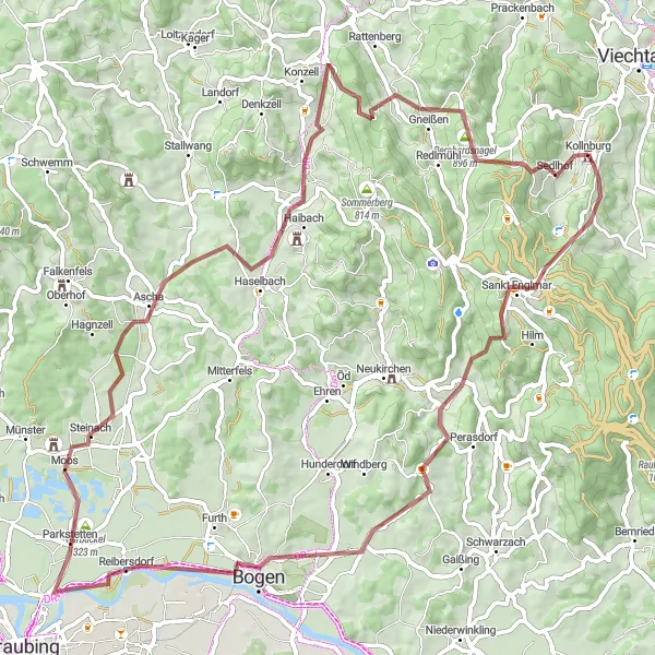 Karten-Miniaturansicht der Radinspiration "Bogenberg und Kolmberg Rundweg" in Niederbayern, Germany. Erstellt vom Tarmacs.app-Routenplaner für Radtouren