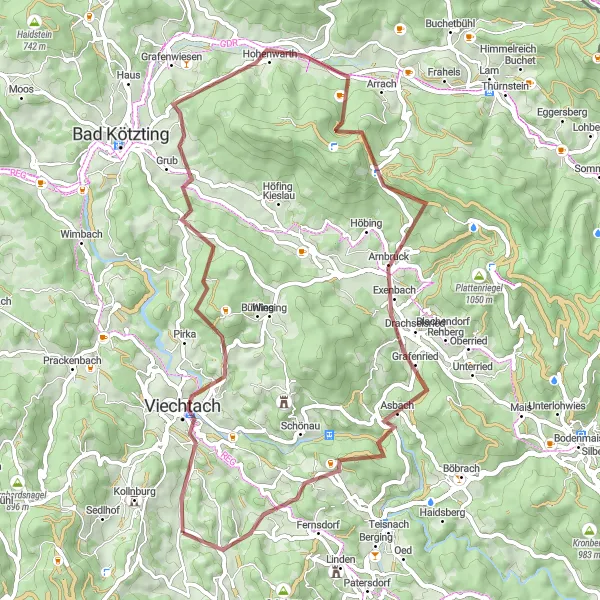 Karten-Miniaturansicht der Radinspiration "Naturerlebnis entlang des Grenzkamms" in Niederbayern, Germany. Erstellt vom Tarmacs.app-Routenplaner für Radtouren
