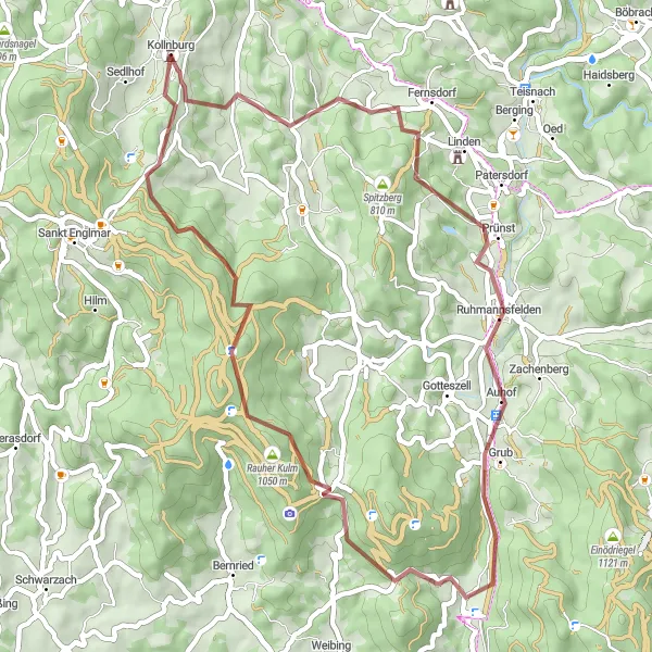 Map miniature of "Kollnburg Gravel Exploration" cycling inspiration in Niederbayern, Germany. Generated by Tarmacs.app cycling route planner