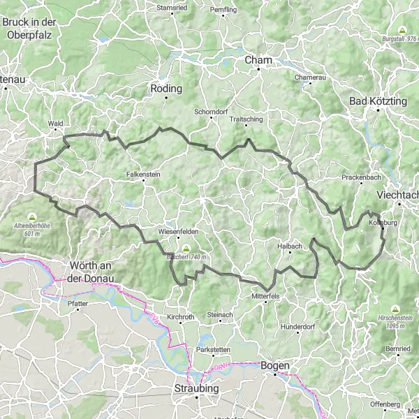 Map miniature of "Kollnburg to Markbuchener Sattel Loop" cycling inspiration in Niederbayern, Germany. Generated by Tarmacs.app cycling route planner