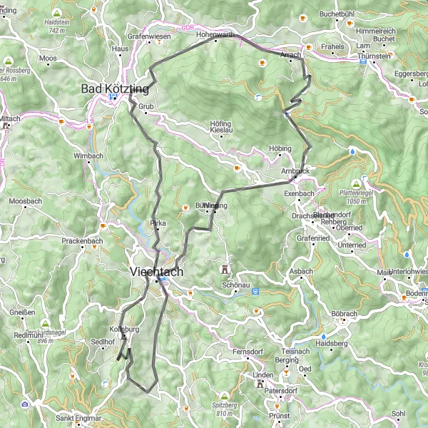 Karten-Miniaturansicht der Radinspiration "Bayerischer Wald Panoramaroute" in Niederbayern, Germany. Erstellt vom Tarmacs.app-Routenplaner für Radtouren