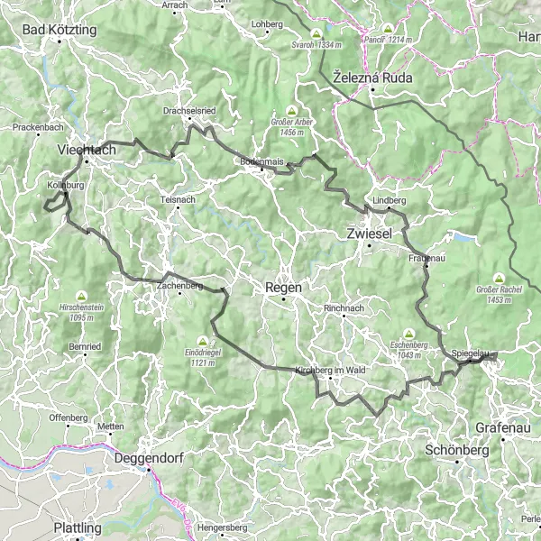 Karten-Miniaturansicht der Radinspiration "Herausfordernde Bergtour zwischen Bodenmais und Hinterviechtach" in Niederbayern, Germany. Erstellt vom Tarmacs.app-Routenplaner für Radtouren