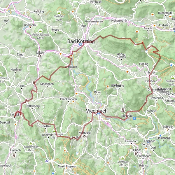 Map miniature of "Hinterer Bayerischer Wald Gravel Ride" cycling inspiration in Niederbayern, Germany. Generated by Tarmacs.app cycling route planner