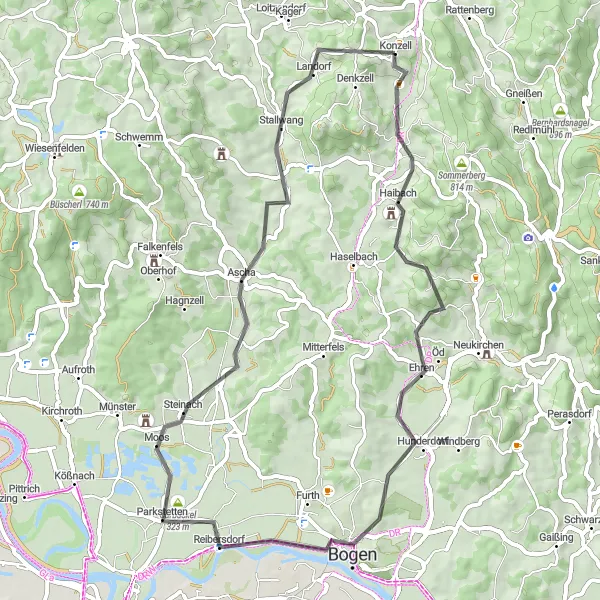 Map miniature of "Discovering Bavaria's Scenic Roadways" cycling inspiration in Niederbayern, Germany. Generated by Tarmacs.app cycling route planner