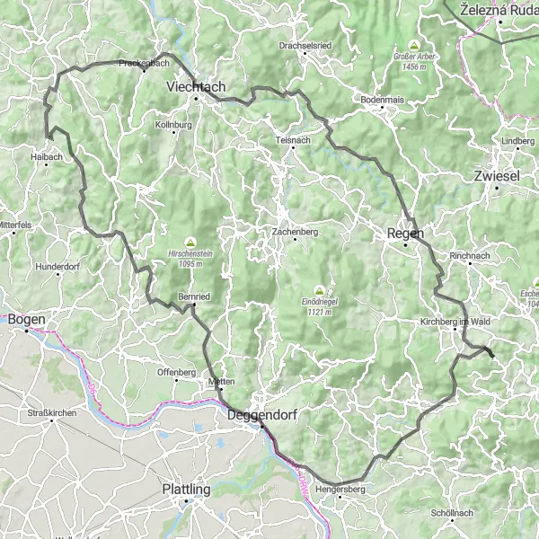 Karten-Miniaturansicht der Radinspiration "Bayerischer Wald Schleife" in Niederbayern, Germany. Erstellt vom Tarmacs.app-Routenplaner für Radtouren