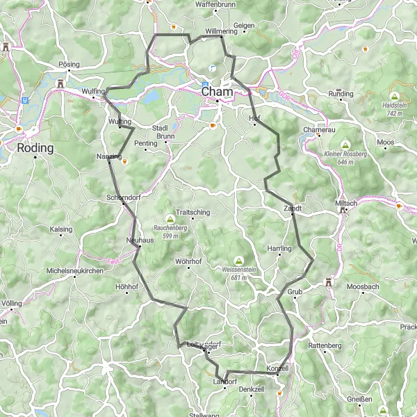 Map miniature of "A Scenic Loop through Niederbayern's Countryside" cycling inspiration in Niederbayern, Germany. Generated by Tarmacs.app cycling route planner