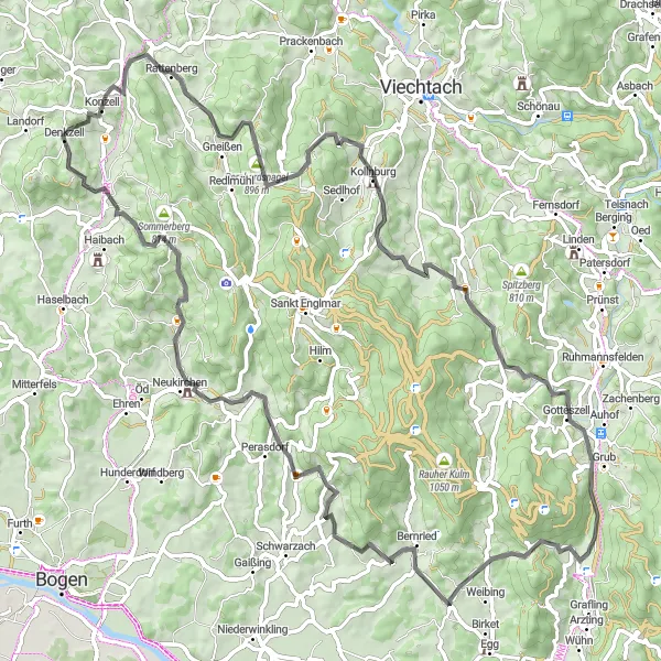 Map miniature of "Road Cycling Adventure around Konzell" cycling inspiration in Niederbayern, Germany. Generated by Tarmacs.app cycling route planner