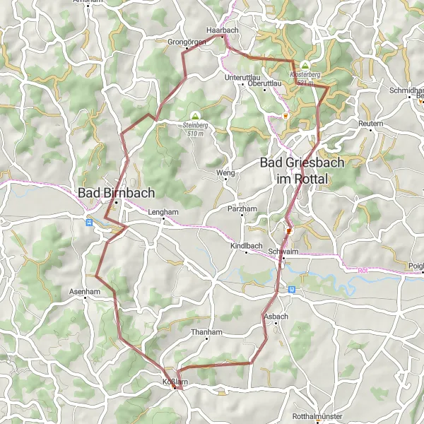Map miniature of "Bad Birnbach Loop Gravel Route" cycling inspiration in Niederbayern, Germany. Generated by Tarmacs.app cycling route planner