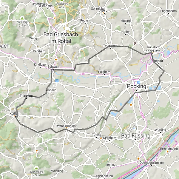 Map miniature of "Kößlarn to Rotthalmünster Road Route" cycling inspiration in Niederbayern, Germany. Generated by Tarmacs.app cycling route planner