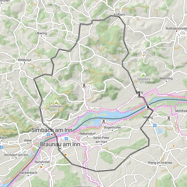 Map miniature of "Ering Highlights" cycling inspiration in Niederbayern, Germany. Generated by Tarmacs.app cycling route planner