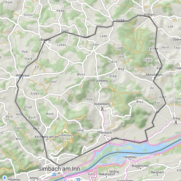 Map miniature of "Kößlarn Road Loop" cycling inspiration in Niederbayern, Germany. Generated by Tarmacs.app cycling route planner