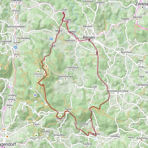 Karten-Miniaturansicht der Radinspiration "Rundtour um Lalling über Ruselabsatz und Hochberg" in Niederbayern, Germany. Erstellt vom Tarmacs.app-Routenplaner für Radtouren