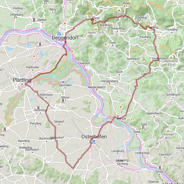 Karten-Miniaturansicht der Radinspiration "Graveltour zum Königstein über Obergessenbach und Geißberg" in Niederbayern, Germany. Erstellt vom Tarmacs.app-Routenplaner für Radtouren