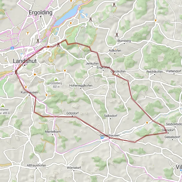 Map miniature of "Discover Landshut's Hidden Gems: Gravel Route" cycling inspiration in Niederbayern, Germany. Generated by Tarmacs.app cycling route planner